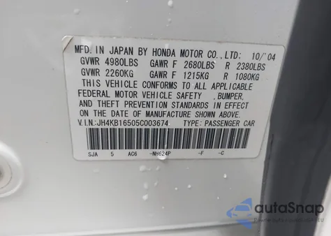 2005 Acura Rl 3.5 z USA, uszkodzony, nr VIN JH4KB16505C003674
